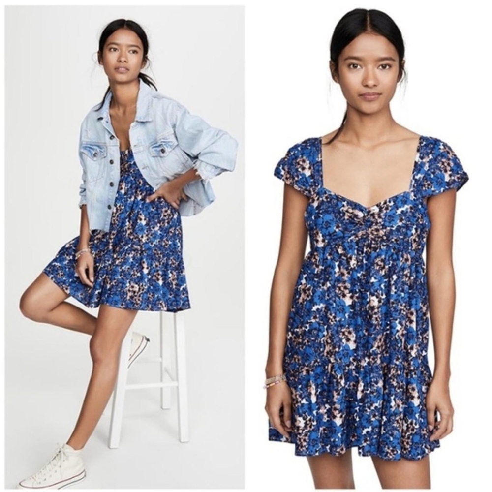 Blue Floral Sweetheart Neck Mini Dress Medium